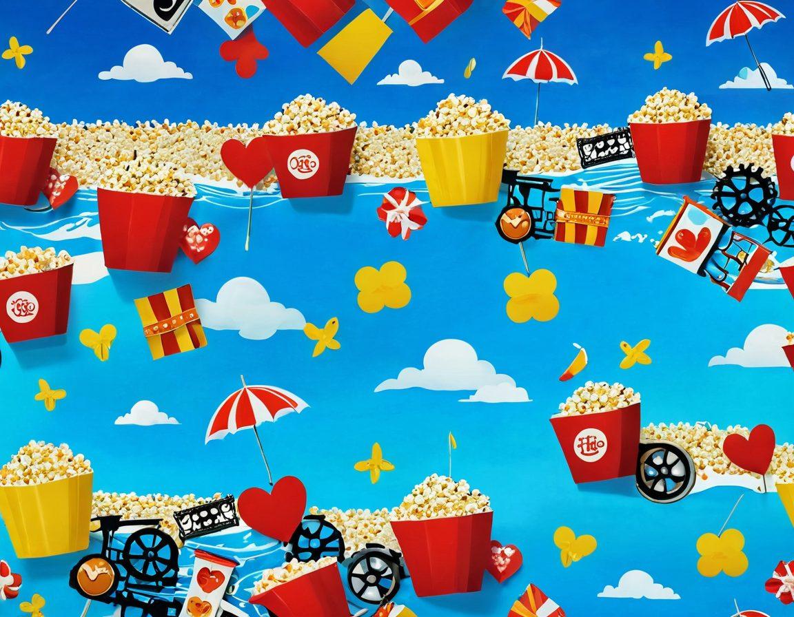 A whimsical collage of vibrant film reels unspooling amidst a lively backdrop of a sunny beach, showcasing playful scenes of adults in humorous romantic situations. Include iconic elements like popcorn, heart emojis, and beach umbrellas to evoke a sense of joy and escapism. The sky should be bright blue with fluffy clouds, capturing the carefree essence of joyful comedies. super-realistic. vibrant colors. cinematic style.