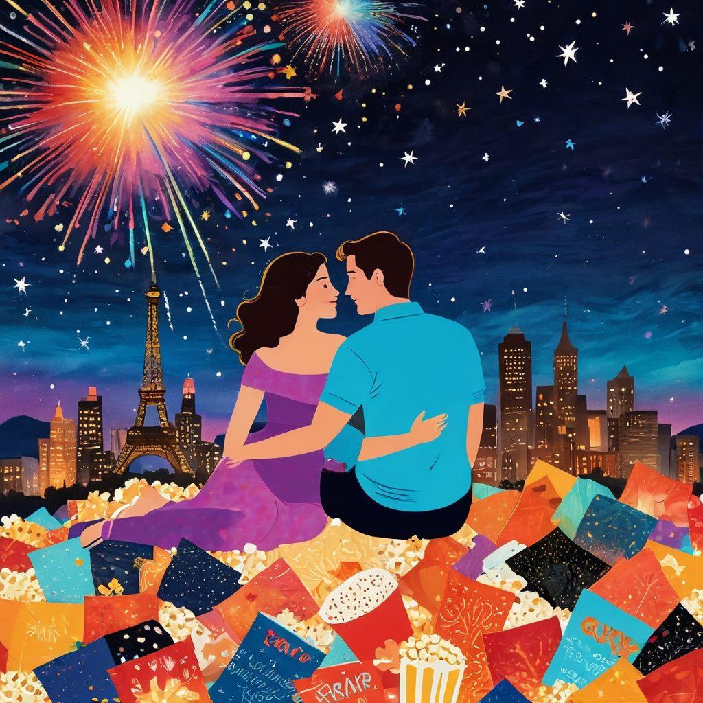 A vibrant collage of iconic romantic movie scenes, featuring a couple embracing under a starry sky, surrounded by joyful, colorful imagery like fireworks and hearts. Incorporate elements like film reels and popcorn to emphasize the cinematic theme. The atmosphere should be whimsical and dreamlike, capturing the essence of happy endings and romance. colorful illustration. vibrant colors. whimsical style.