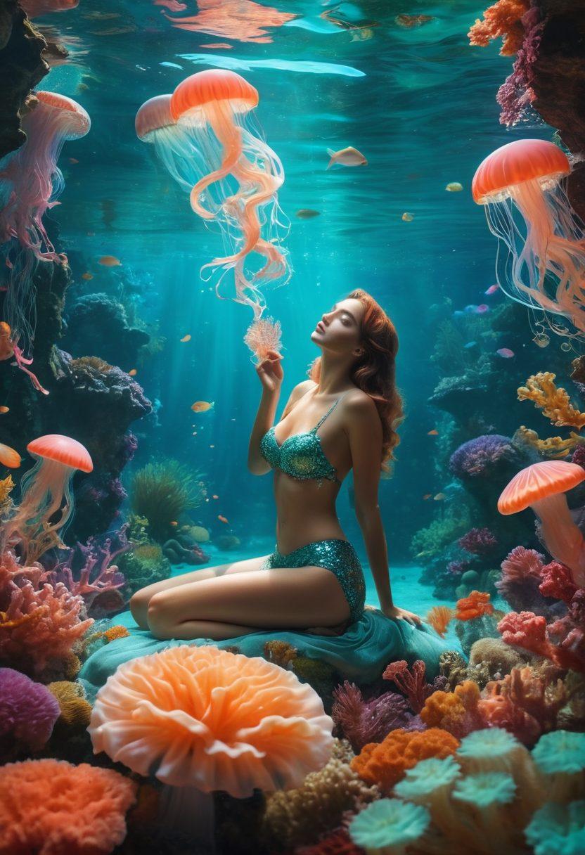 A whimsical underwater scene featuring playful mermaids lounging on colorful coral reefs, surrounded by elements of sensuality like soft flowing silk and glowing jellyfish. In the background, a vintage film reel unwinds, casting light over the underwater fun. The overall atmosphere is vibrant and inviting, capturing the essence of erotic cinema in a fantastical world. super-realistic. vibrant colors. dynamic lighting.